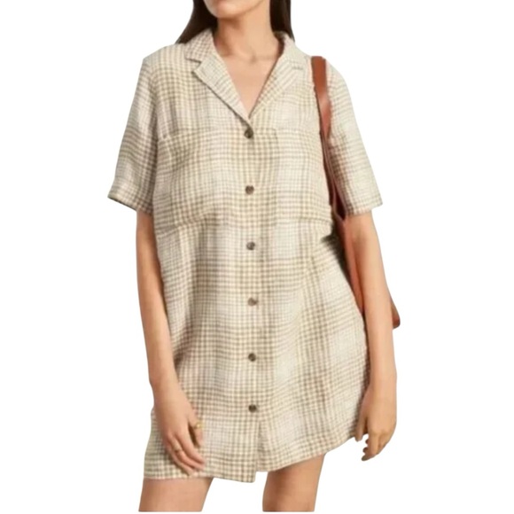 Everlane 100% Linen Brown White Checkered Shirt Dress w/ Pockets. Size L #1629 - Picture 1 of 6
